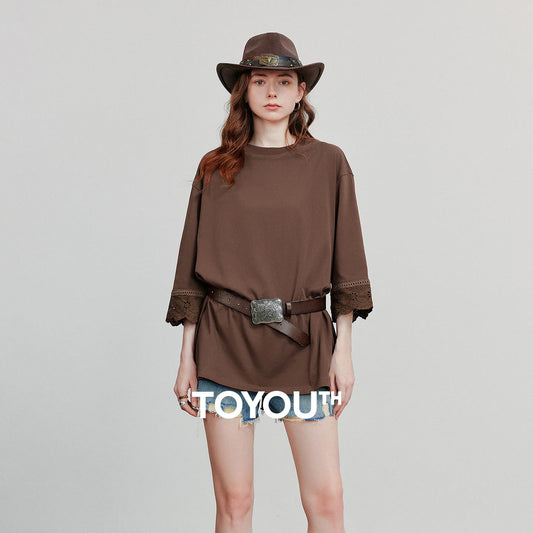 TOYOUTH Women T-shirts  Autumn New Round Neck Patchwork Lace Three Quarter Sleeve Loose Cotton Tops