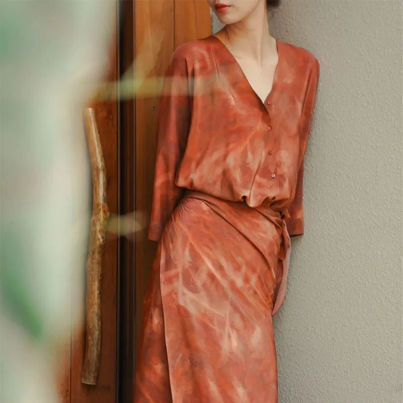 Women's Retro Slim Dress Tie Dye Printed V-Neck Single-Breasted Button Hip Tie Long Dress Ankle-Length Robe