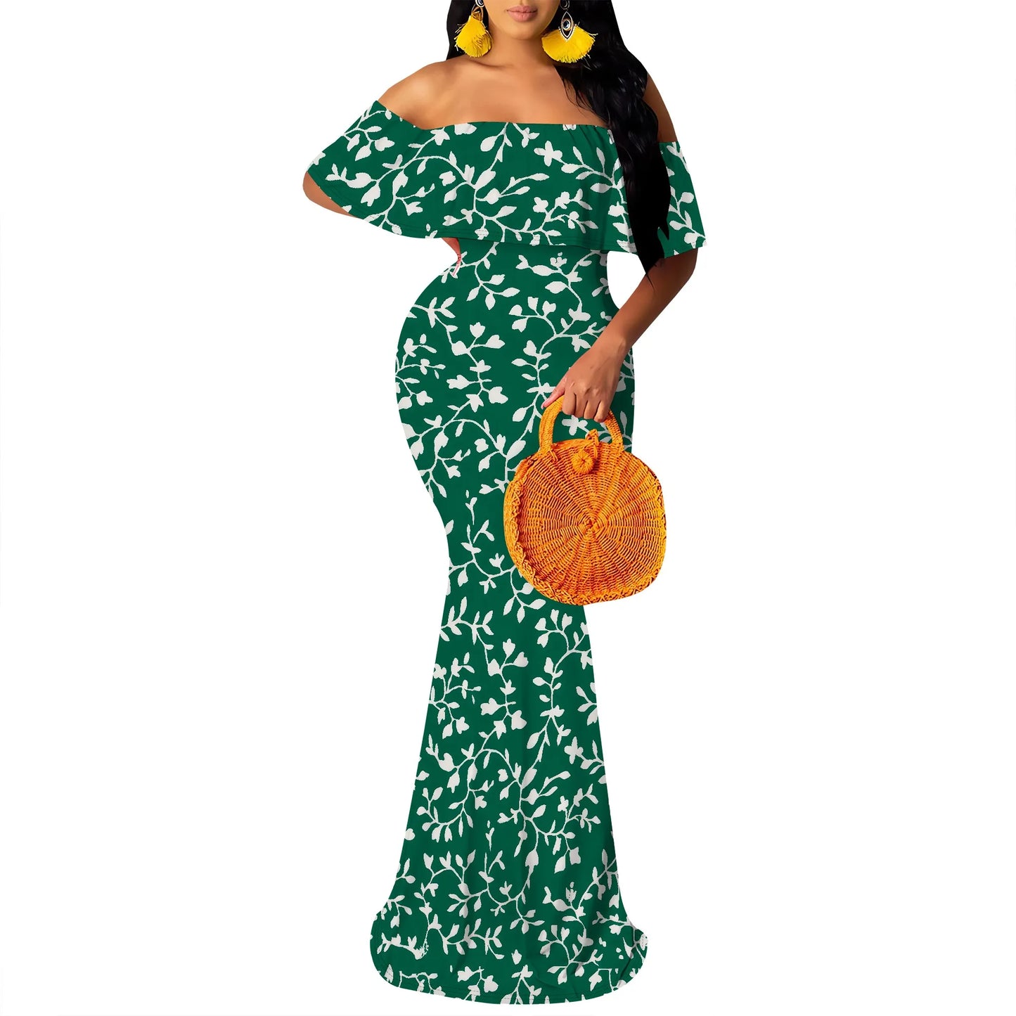 Women's Maxi Bodycon Off The Shoulder Dress Short Ruffle Sleeves Strapless Long Boho Dress Cocktail Party Wedding Dress