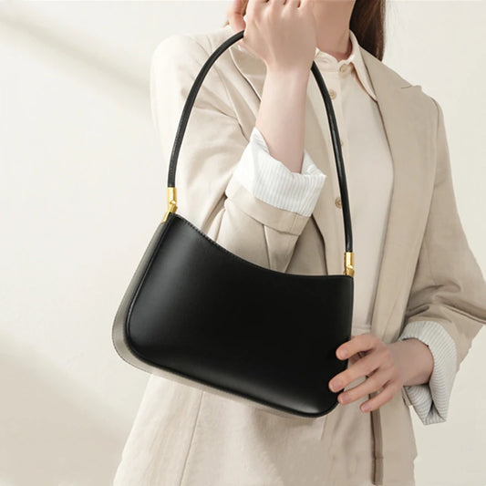 Toptrends Cowhide Genuine Leather Underarm Shoulder Bags For Women  Luxury Designer Long Handle Smooth Tote Ladies Handbags