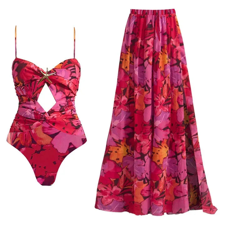 One Piece Floral Swimsuits Women Maxi Dress Print Starfish Brooch Swimwear With Skirt Vacation Bathing Suit Summer Outfit