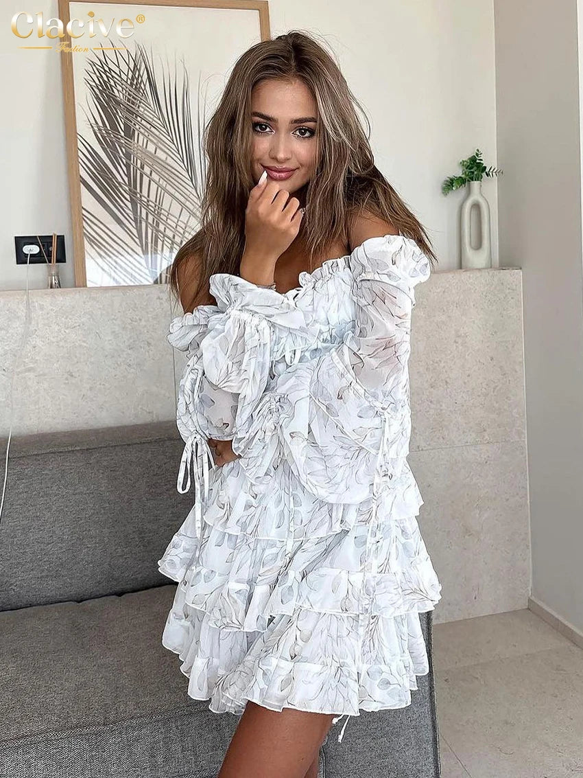 Clacive Fashion Slim Print Women's Dress Bodycon Square Collar Long Sleeve Mini Dresses Elegant High Waist Pleated Female Dress
