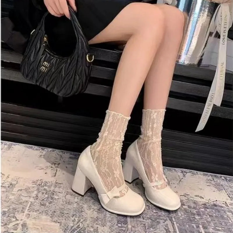 Manufacturer   New pink pointed-toe high-heeled shoes Women's  spring sweet and fashionable bow-shaped open-toe thick-soled Mary Jane shoes   Pumps