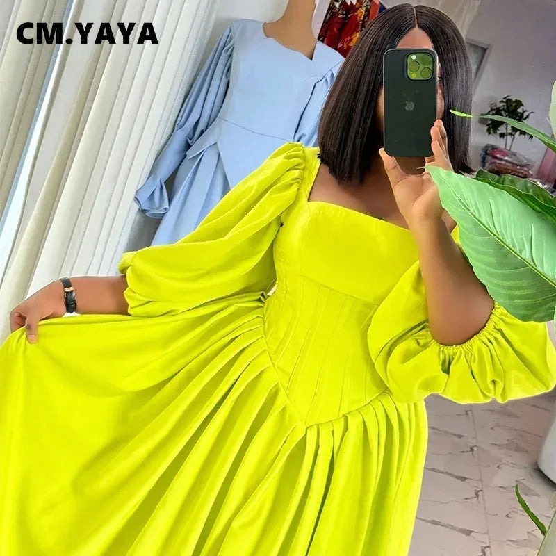 CM.YAYA Women Long lantern Sleeve Square Collar Big Swing Long Maxi Dress  Fall Birthday Sexy Party Evening Dresses Vestidos