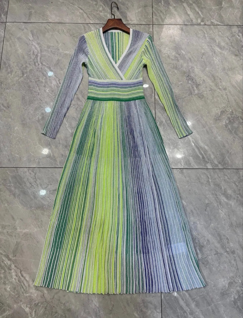 Sequined Striped Women's Pleated Knitted Dress  New 2 Colors V-Neck High Waist Long Sleeve Fashion Female Robe