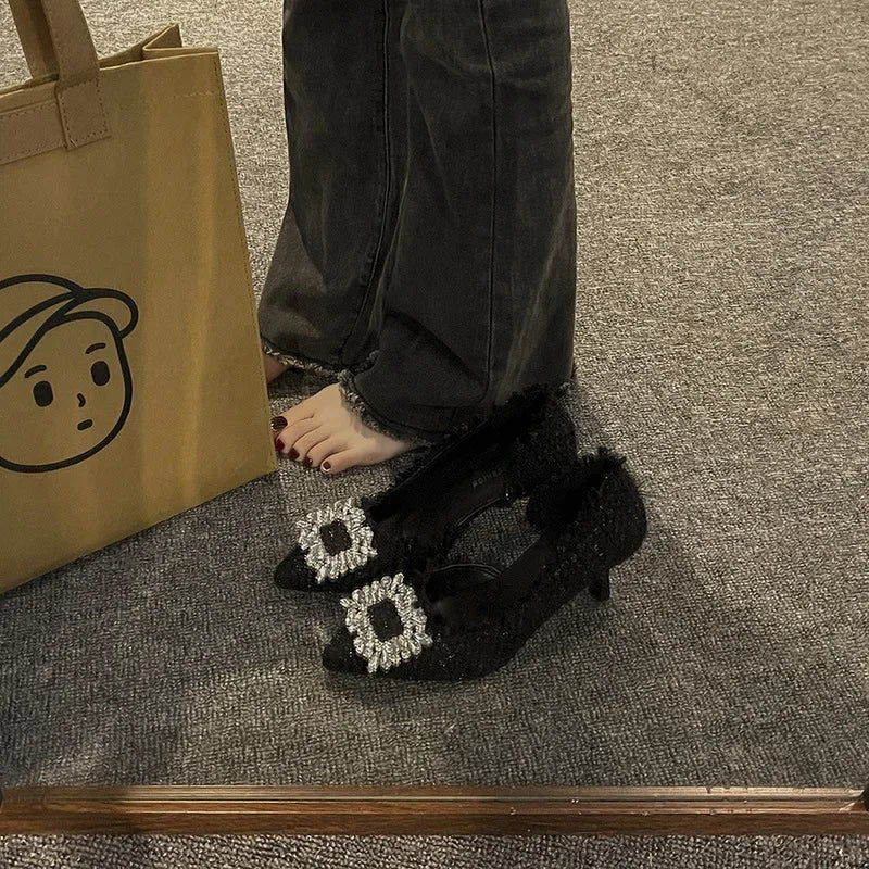 Manufacturer   Summer  French Design Pointed Toe High Heels Crystal Embellished Slim Stiletto Women's Single Shoes Elegant Minimalist Footw   Pumps