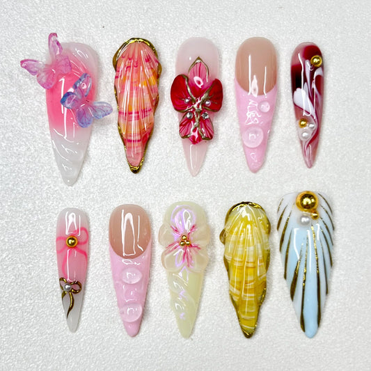 New Heavy Industry Long Tip Relief 3D Press on Nails Flower Series Handmade High-end Fake Nails Mandarin Duck Series