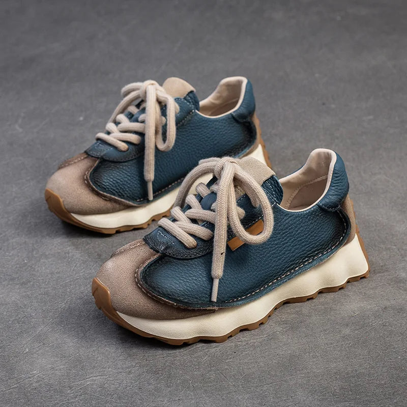 Manufacturer   Lace-up Women's Flat Shoes Genuine Leather Sneakers Mixed Colors New Handmade Comfortable Retro Platform Sneakers    Sneakers