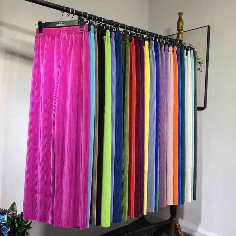 Summer Women Wide Leg Pant Fashion Loose Long Pants Boho Beach Pants Solid Pleated Trousers  Elastic High Waist Pant Plus Size