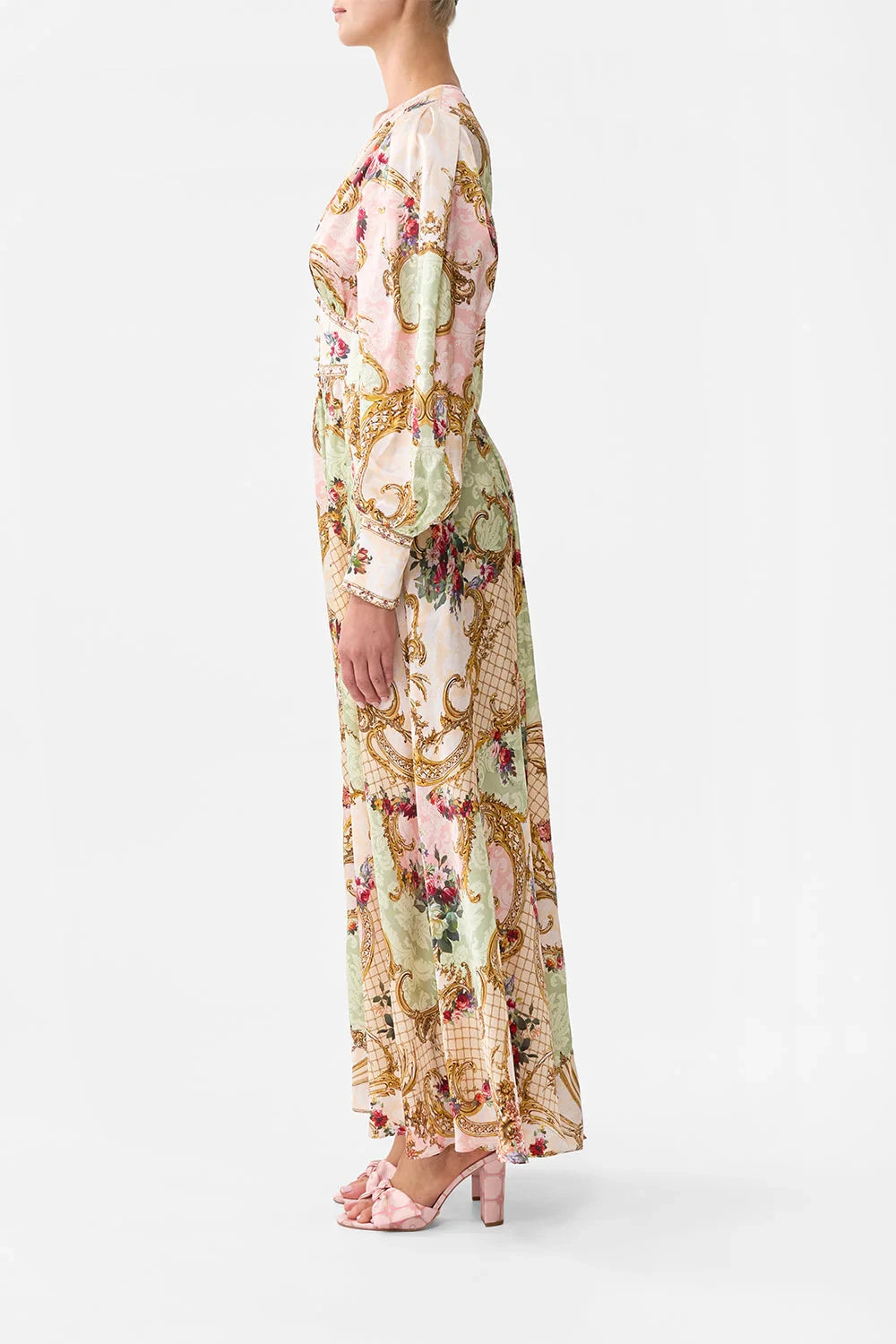 Women 100% Silk Lace Patchwork Crystal Beaded Waist Digital Retro Print V-Neck Long Sleeve Maxi Dress
