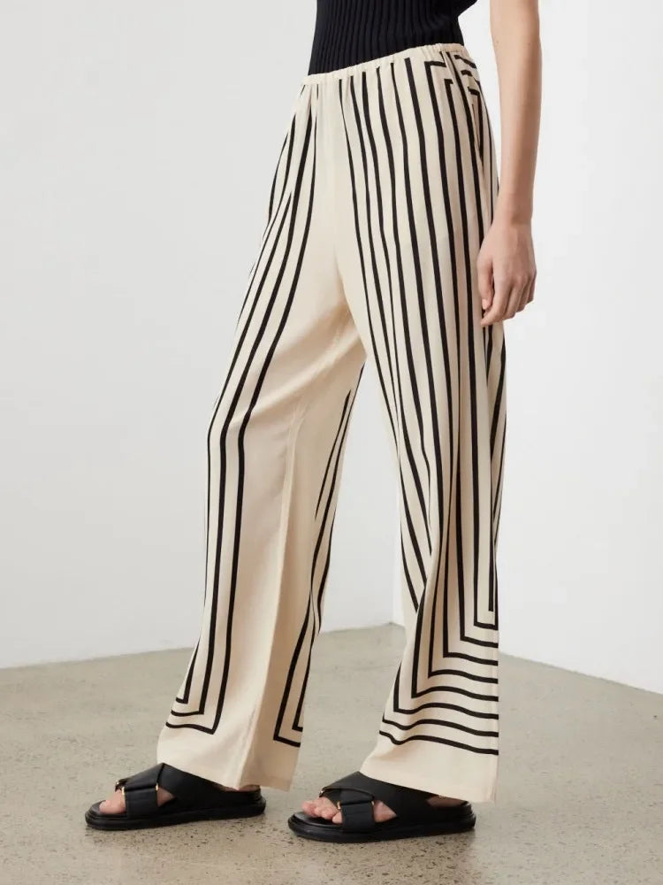 Women Geometric Striped Print Trousers 100% Silk Female Loose Elastic Waist Wide Leg Casual Long Pant Summer New