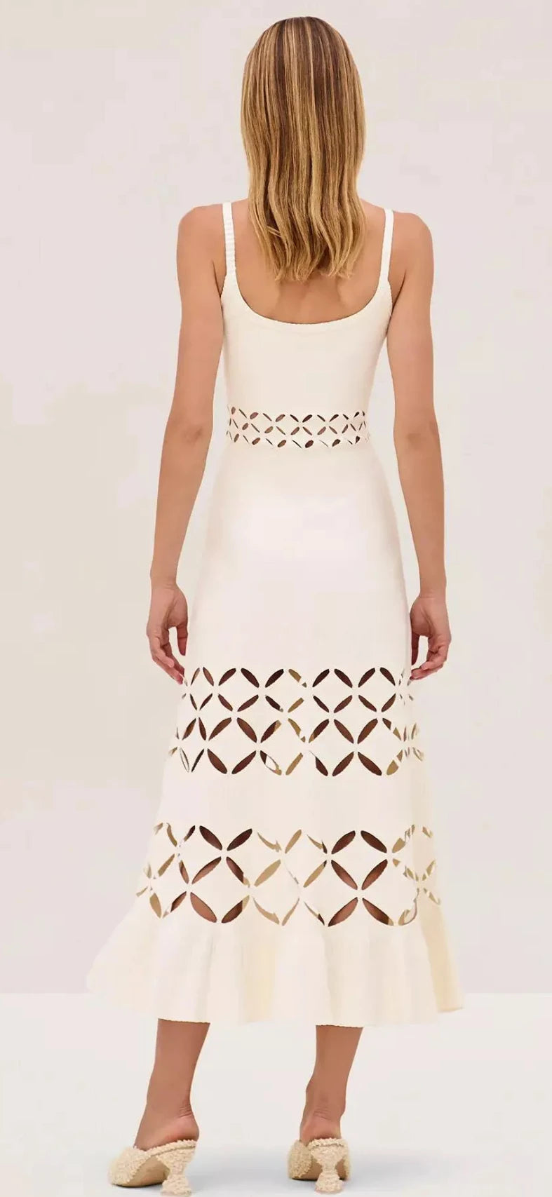 Women Sexy Strapless Sleeveless Cut Out Pure White Slim Long Knit Suspender Dress