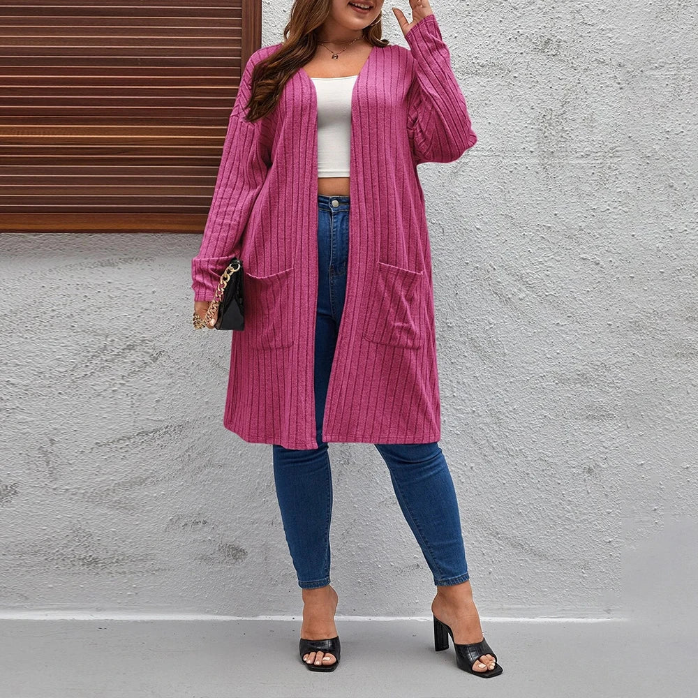 Plus Size Women's Solid Ribbed Long Sleeve Pockets Cardigan Tops Spring Autumn Ladies Casual Coatigan Outwear Size 1XL-5XL  coat