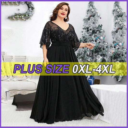 Plus Size Dresses V-neck Sequin Embroidered Frocks See-through Long Sleeve Patchwork Chiffon Full Skirt Evening Gown Ball Dress