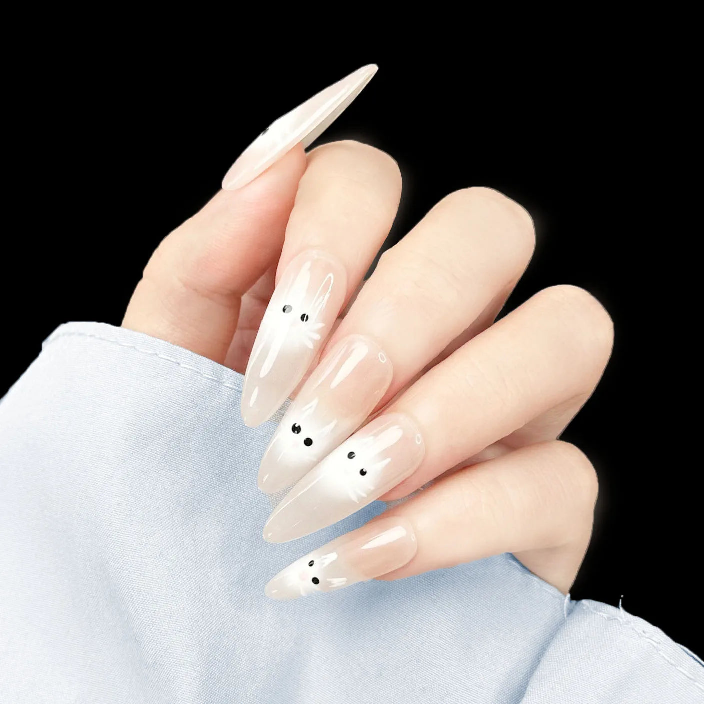 10pcs Handmade Long Fake Nails Pink Nails Cute White Fox Nail Art Press on Nails for Women Daily Wear