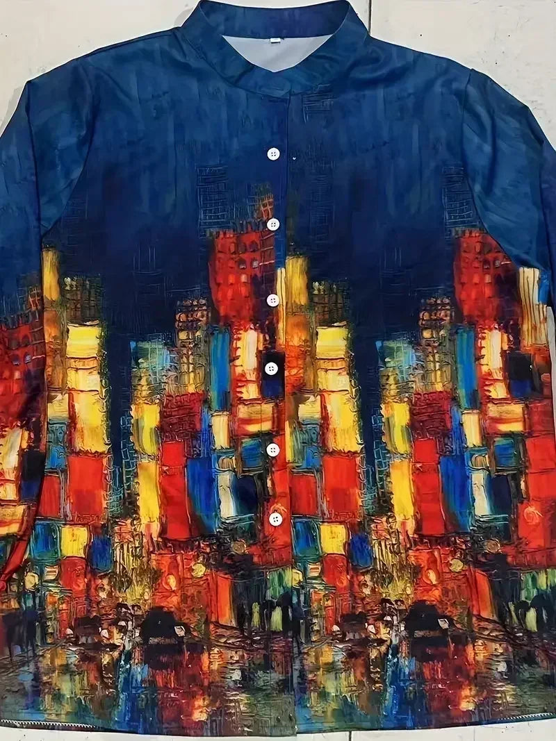 Women's Plus Size 1XL-5XL Fashion Oil Painting Print Blouse with Button Ladies Stylish and Comfortable Casual Stand Collar Shirt  t-shirts