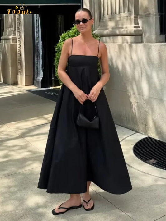 Black Backless Sling Long Dress Women Casual Loose Square Neck High Waist Vestidos  Chic Summer Lady Vacation Street Robe