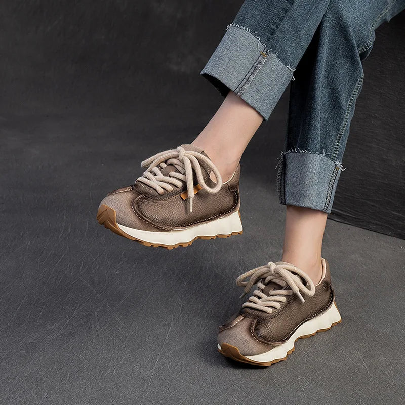 Manufacturer   Lace-up Women's Flat Shoes Genuine Leather Sneakers Mixed Colors New Handmade Comfortable Retro Platform Sneakers    Sneakers