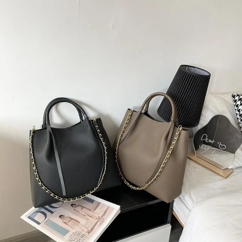 New Leather Women's Bag First Layer Cowhide Coarse Lychee Pattern Fringed Chain Large Empty Capacity Tote Portable Shoulder Bag