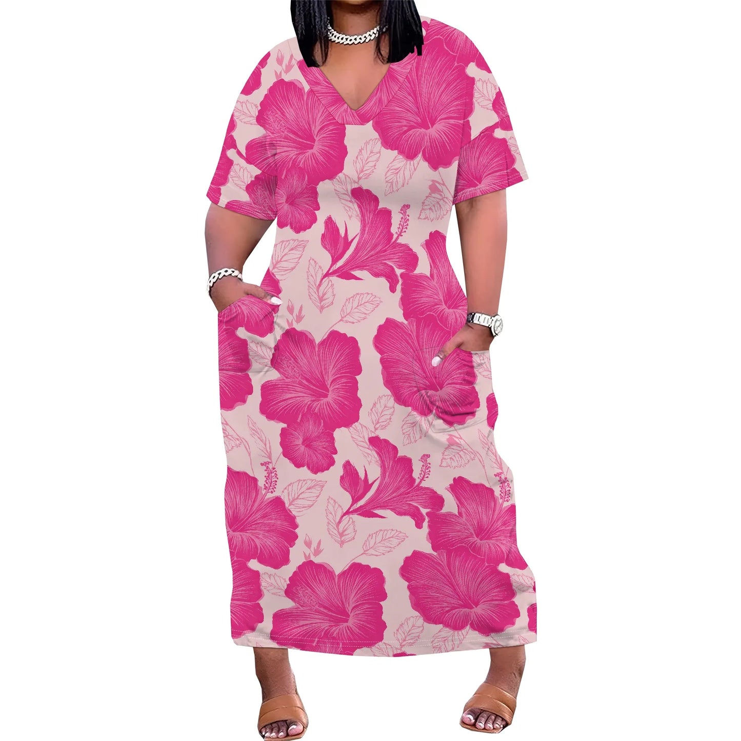 Women's Plus Size African Print Dresses Casual Loose Pocket Short Sleeve Long Maxi Dress