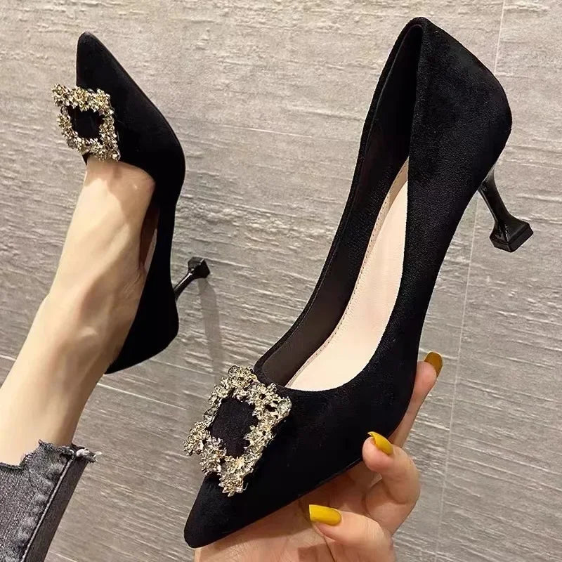 Manufacturer   Black Velvet Square Buckle High Heels Spring Summer New Style Elegance Single Shoes Women Thin Heel Pointed Toe Slip-On   Pumps