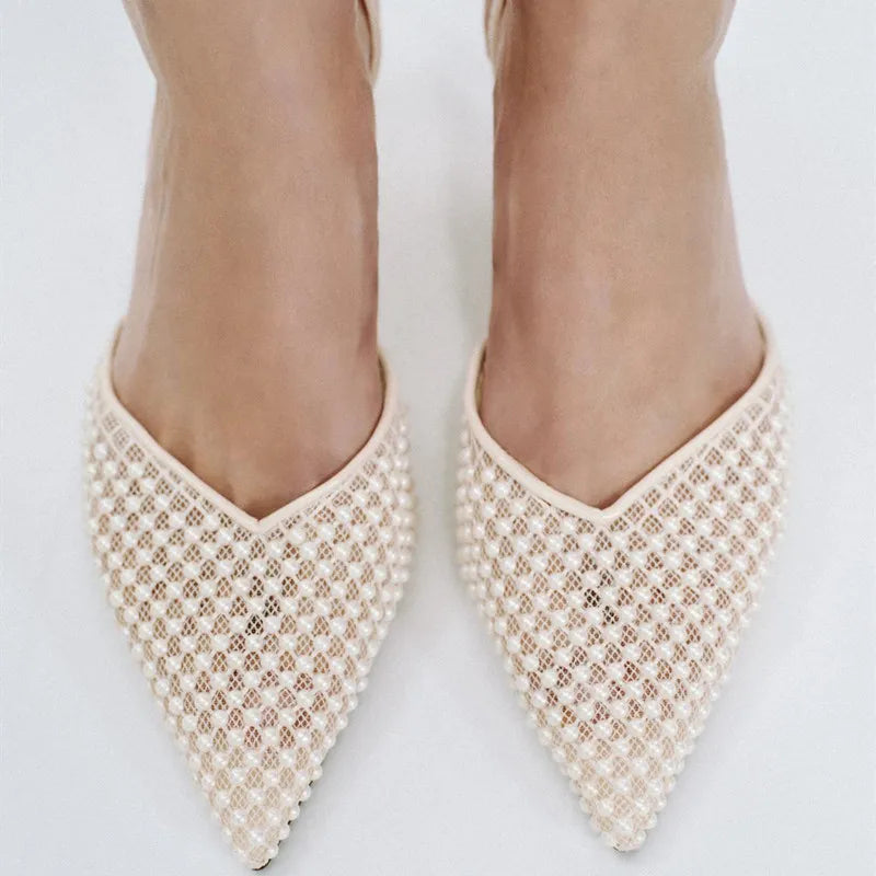 Manufacturer   Mesh Brand Sandals Women Pumps Pointed Toe Elegant Slingback High Heels Female String Bead Designer Banquet Wedding Dress Shoes   Pumps