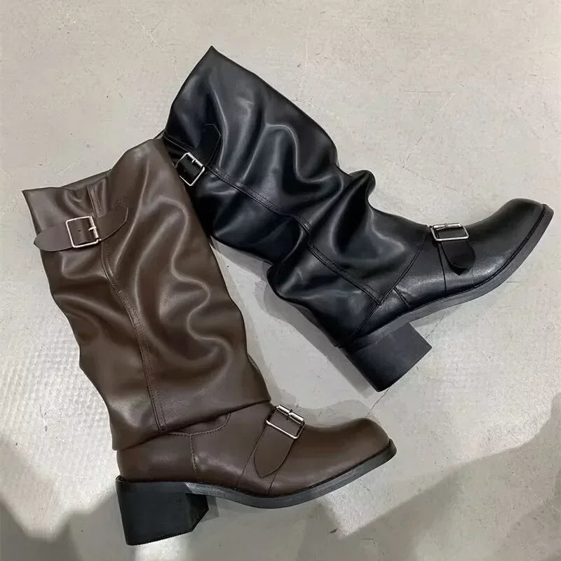 Manufacturer   Woman Boots Knee High Platform Chunky Heels Trend Punk Gothic New Rock Leather Fashion Women's Shoes Motorcycle Footwear Q221   boots