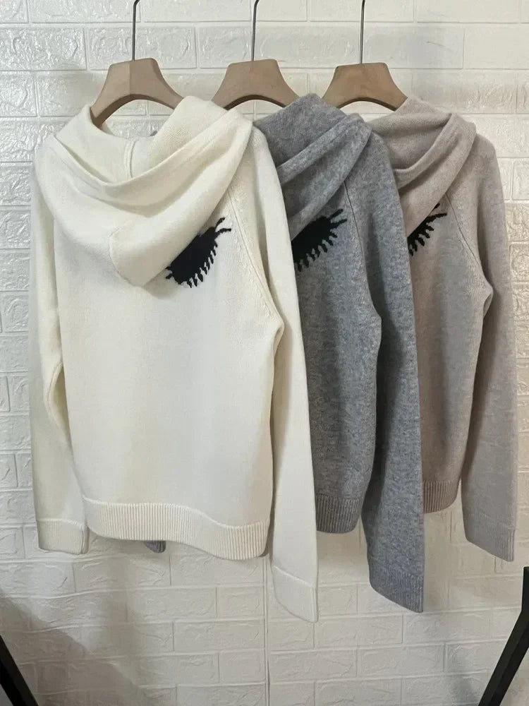 Women Hooded Sweater Heart-Shaped Letter Jacquard 100% Cashmere 3 Colors Casual Autumn Winter Lady Jumper