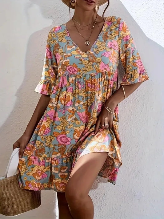 Plus Size Summer Floral Print Dress Women Clothes Casual Short Sleeve Loose Fit Ruffle Hem Beach Party-Dress New Bohemian Style