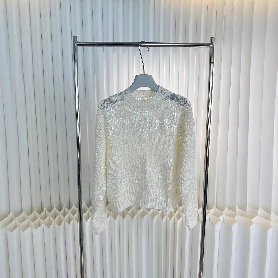 Spring And Summer Ladies New Heavy Embroidery Sequin Top Lazy Style Loose Hollow Pullover Knitted Sweater