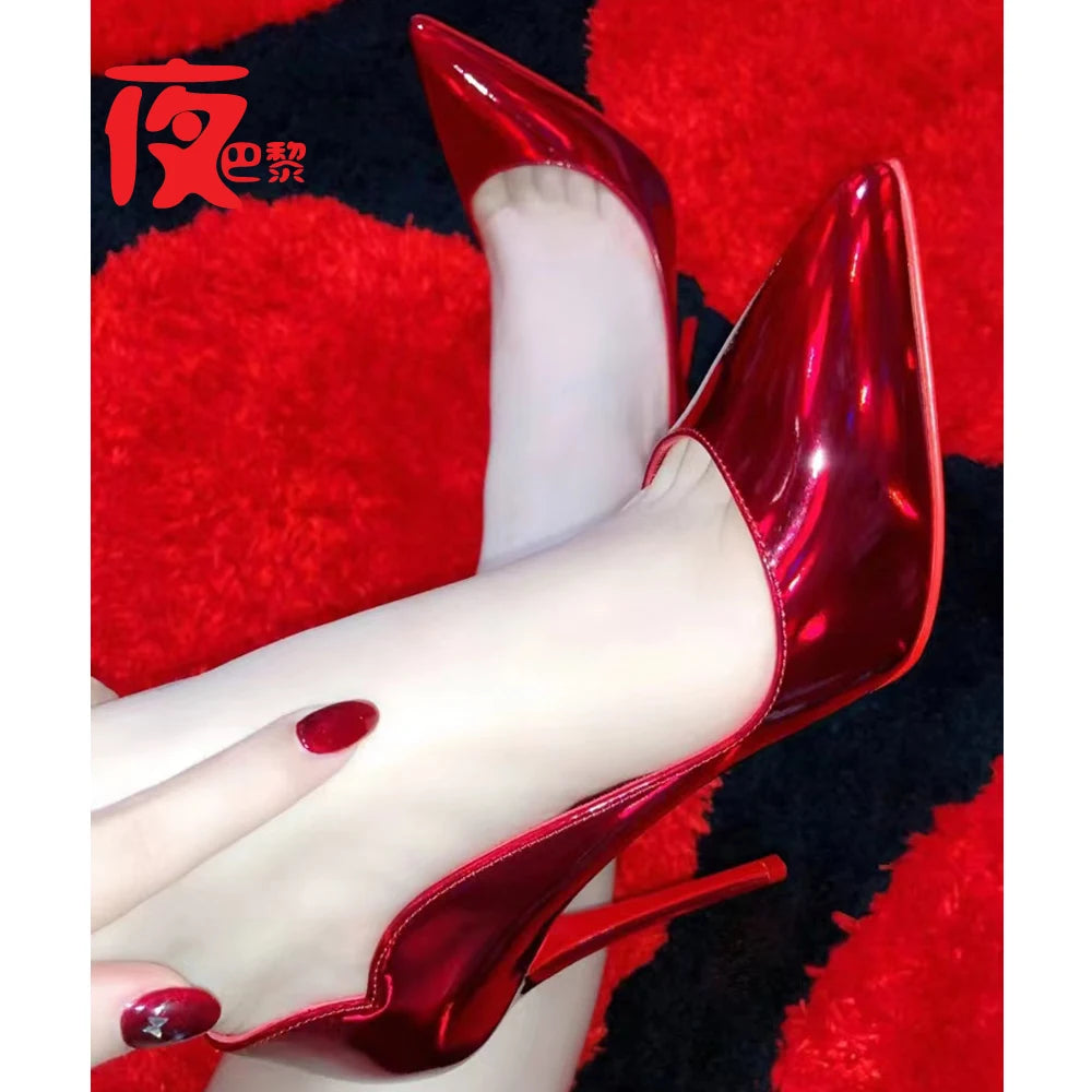 Manufacturer   Laser Electric Red High Heels Shallow Mouth Wave Edge Pointed Shoes Sexy 12cm Sexy French Fashion Lady Single Shoes33-46   Pumps