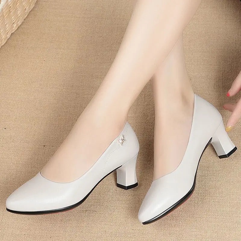 Manufacturer   High Heels Wedding Shoes Women  New Women Shoes Beige Genuine Leather Pointed Toe Professional Fashion Single Shoes Women   Pumps