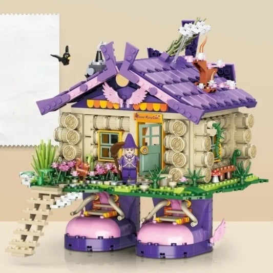 Witch Flying Log Cabin Building Blocks Magic Wooden House Model Ornaments Children’s Educational Assembled Toys Halloween Gifts
