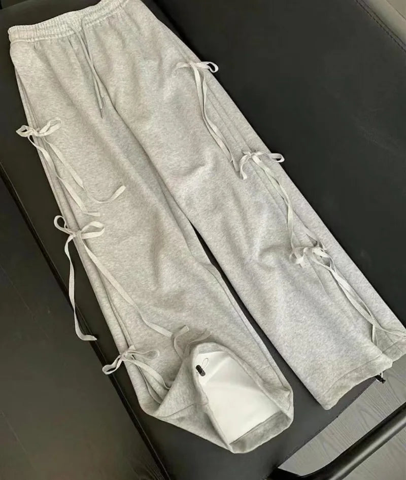 Y2K trend bow-tie casual women pants high street fashion loose solid color wide-leg pants fashion punk personality sport pant