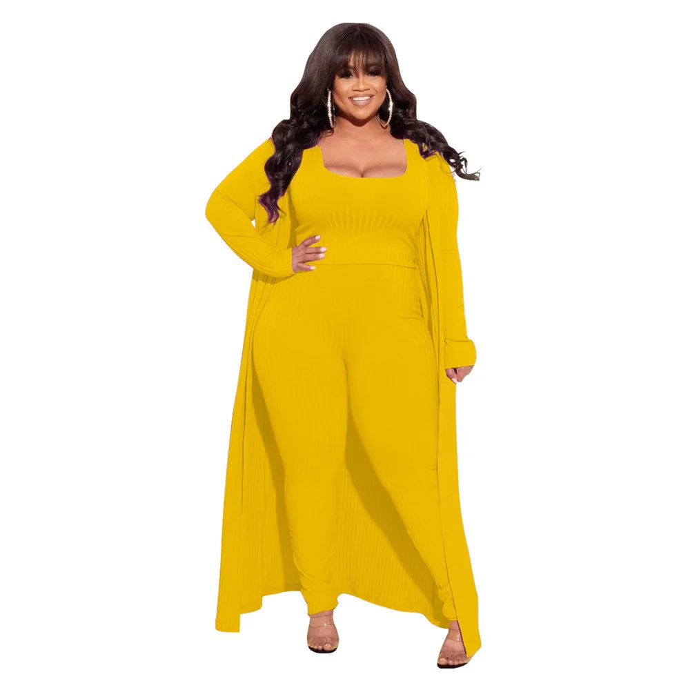 3 Piece Women Outfits Sets Sexy Square Collar Tops+long Coat Tight Pants Solid Color Fashion Plus Size Clothing Wholesale  suits
