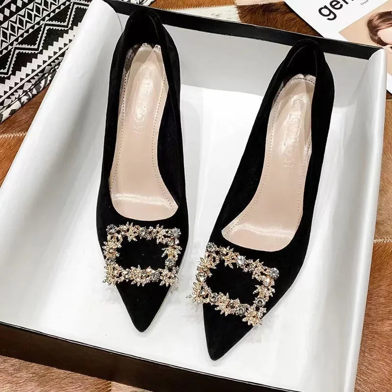 Manufacturer   Black Velvet Square Buckle High Heels Spring Summer New Style Elegance Single Shoes Women Thin Heel Pointed Toe Slip-On   Pumps
