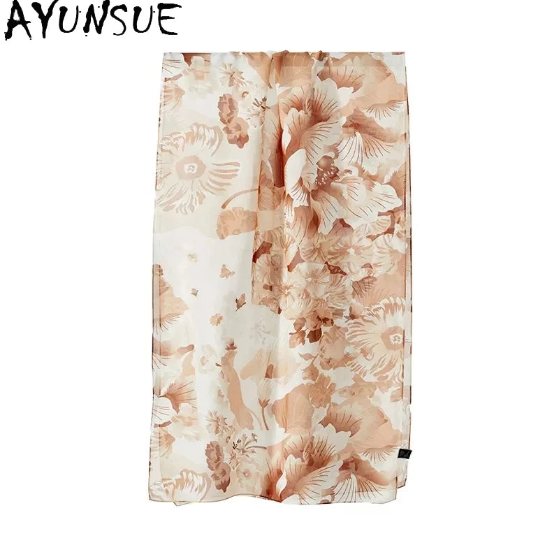 AYUNSUE, 8MM 100%Mulberry Slik Shawls, 170cm Women Floral Printed, Gifts Original Design Scarf,  Spring Autumn