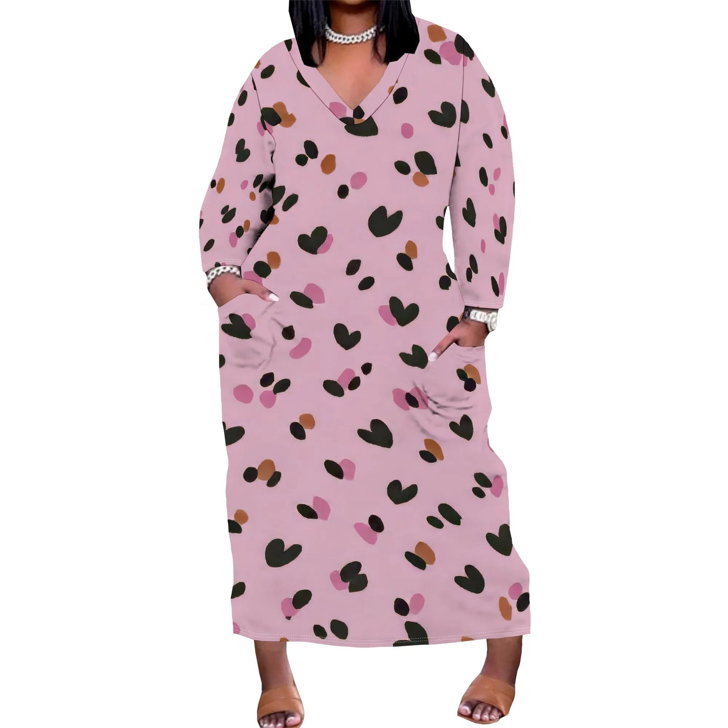 Women's Long Sleeve Plus Size Polka Dot Print Maxi Dress V Neck with Pockets Dress Loose Casual Autumn Outfit