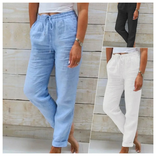 Cotton Linen Summer Pants for Women High Waist Elastic Casual Trousers Streetwear Solid Female Clothes  Loose Pencil Pants