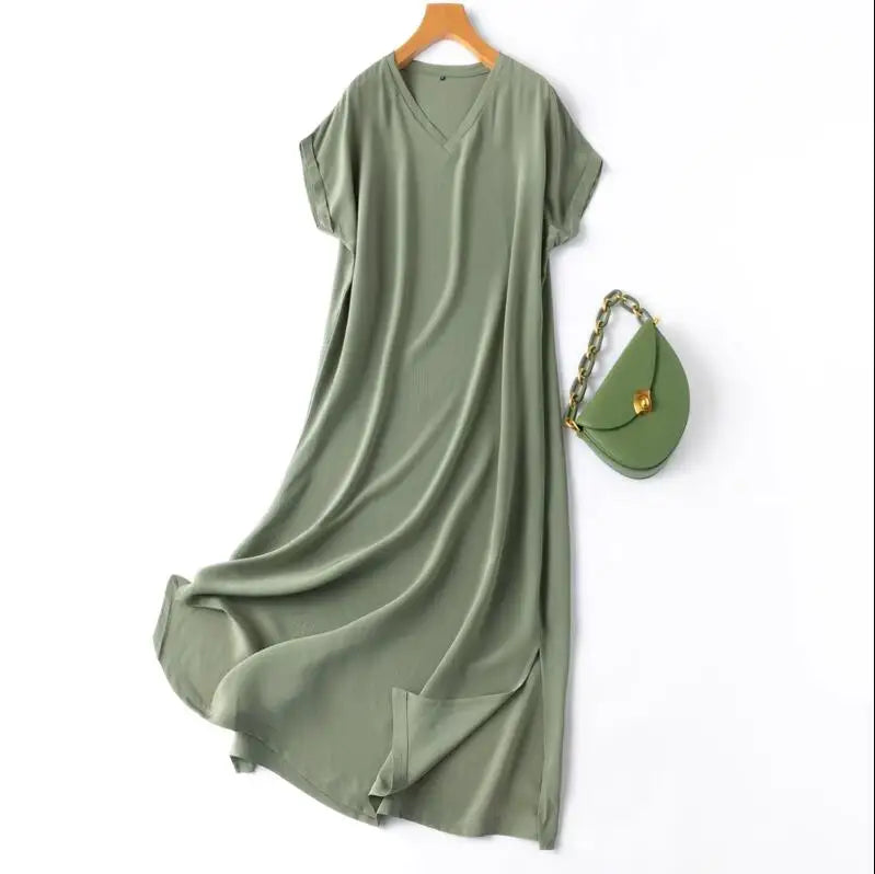Women 100% Mulberry Silk 19 momme Thick Crepe Silk Midi Dress V neck Short Sleeve Side Slit Long Dress