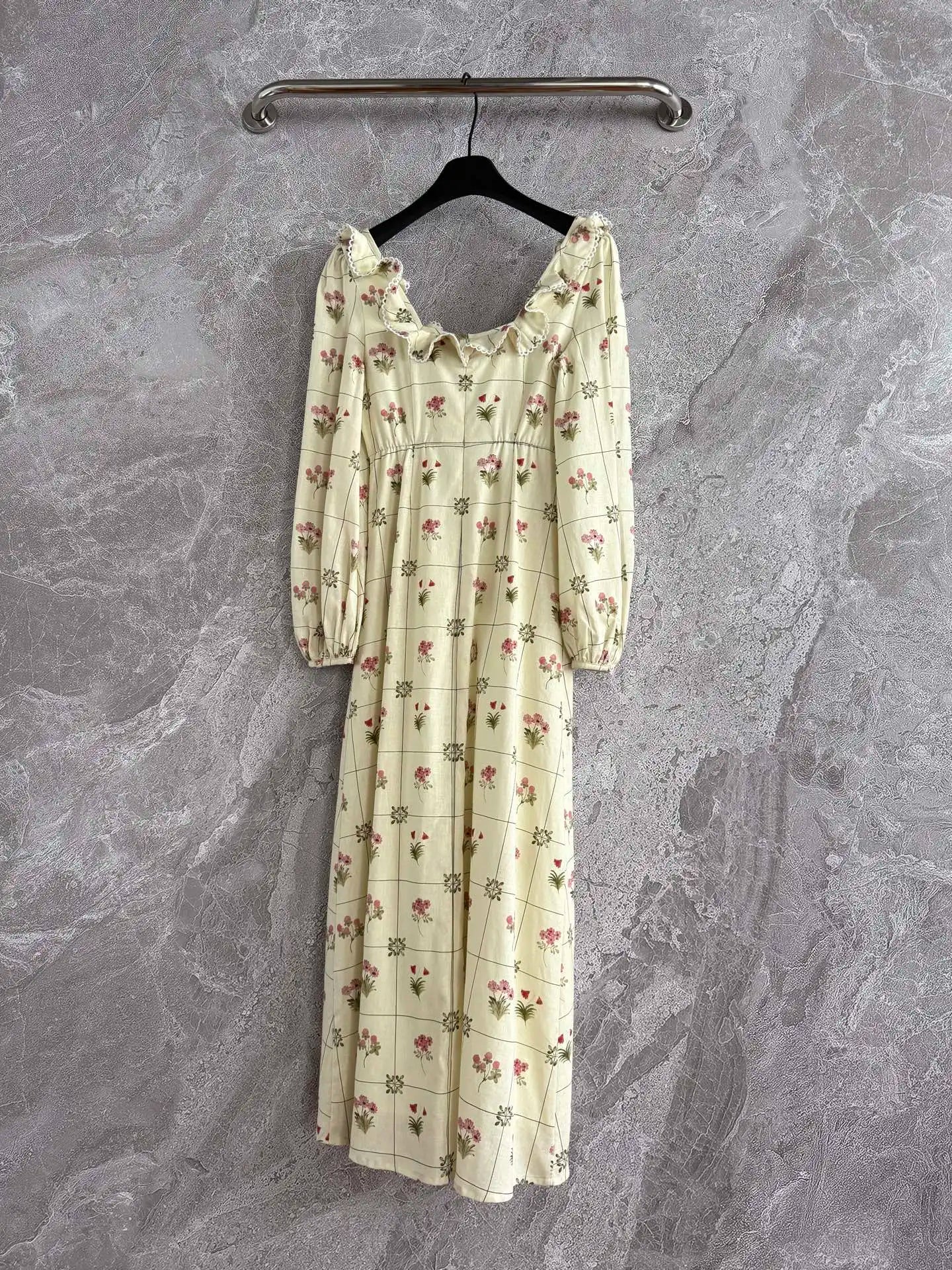 Women Flower Printed Single Breasted Long Sleeve Scallop Trim Linen Long Dress