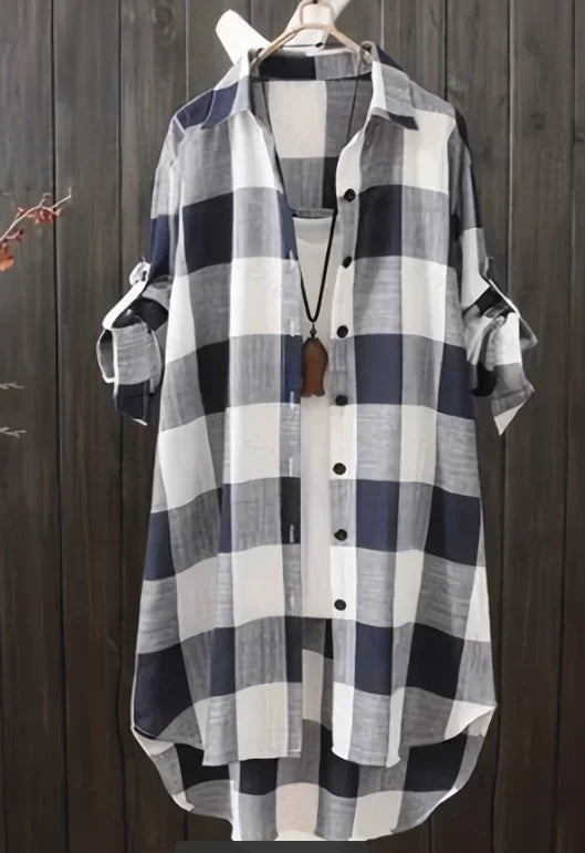 Plus Size 1XL-5XL Women Collar Longline Casual Blouse Lapel Shirt Top Plaid Print Button Up Roll Up Long Sleeve Shirt  T-shirts