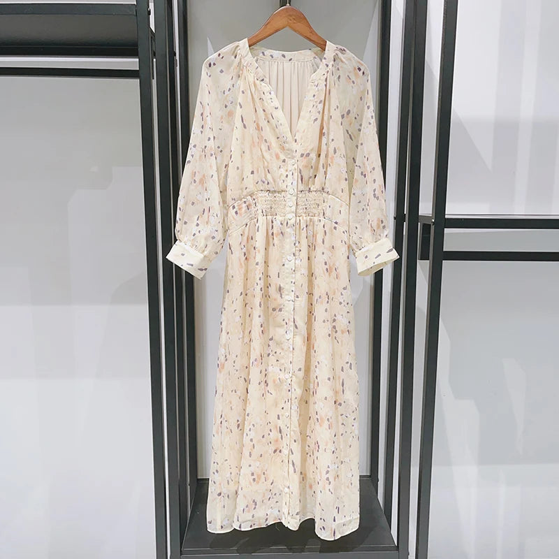Floral Print Ladies V-Neck Lace-Up Wrap Dress Short-Sleeved Slim High-Waisted Lady Slit Long Robe