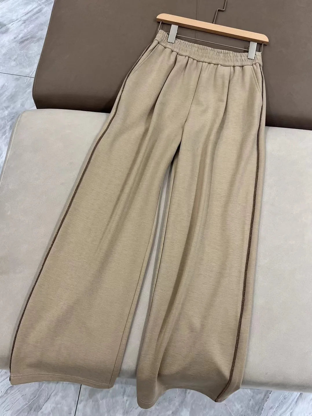 Winter women's elastic waist warm jersey wide pants