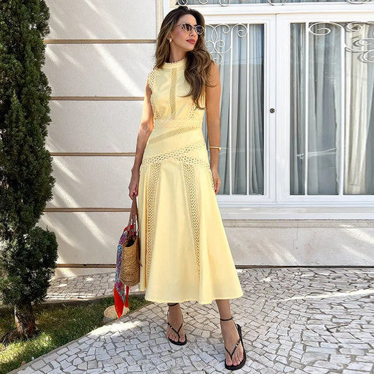 Fashion Solid Hollow Out Long Dresses Spring Women Sleeveless Stand Collar Slim Dress Summer High Waist Zipper Knee Length Dress