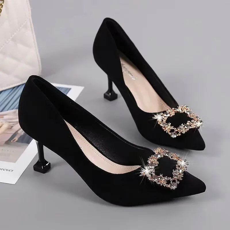 Manufacturer   Black Velvet Square Buckle High Heels Spring Summer New Style Elegance Single Shoes Women Thin Heel Pointed Toe Slip-On   Pumps