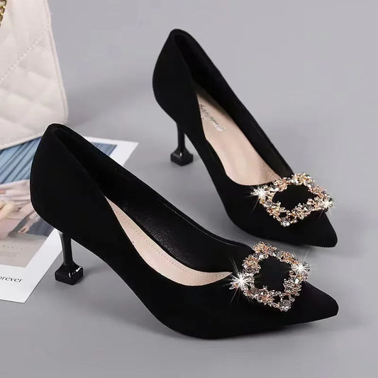 Manufacturer   Black Velvet Square Buckle High Heels Spring Summer New Style Elegance Single Shoes Women Thin Heel Pointed Toe Slip-On   Pumps