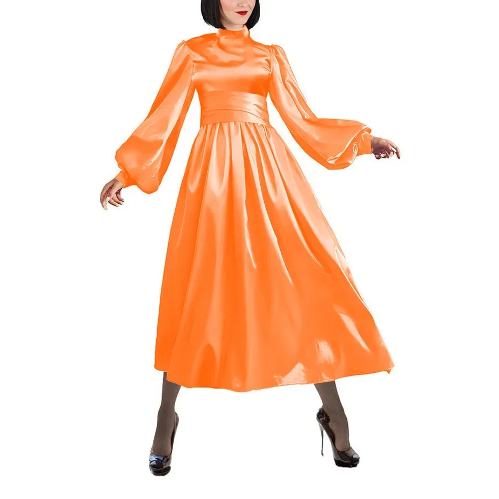 Plus Size Satin Evening Dress Elegant Drape High Neck Long Sleeve Dress Ladies Party Belted Long Gown Women A-Line Prom Dress