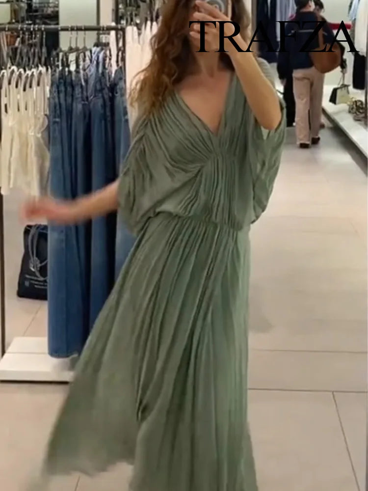 TRAFZA Women's Summer Fashion V-neck Pleated Decoration Short Sleeve Mid Dress Female Elegant Backless Solid Sexy Long Dress