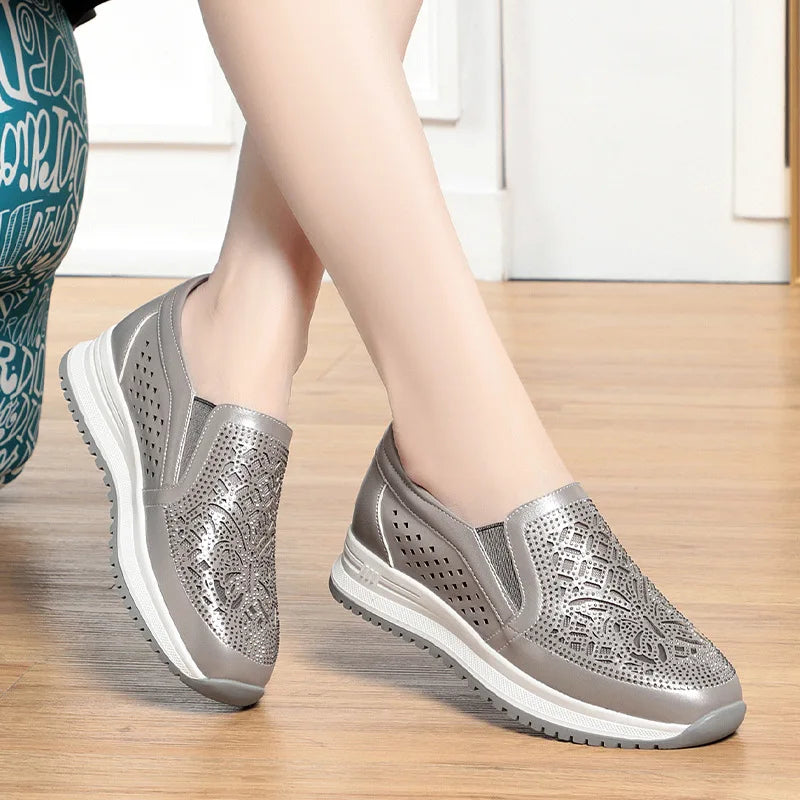Manufacturer   Spring Autumn Soft Leather Soft Sole Comfortable Low Heel Shoes Round Toe Breathable Casual Slip-on Hollow Mother Sneaker    Sneakers